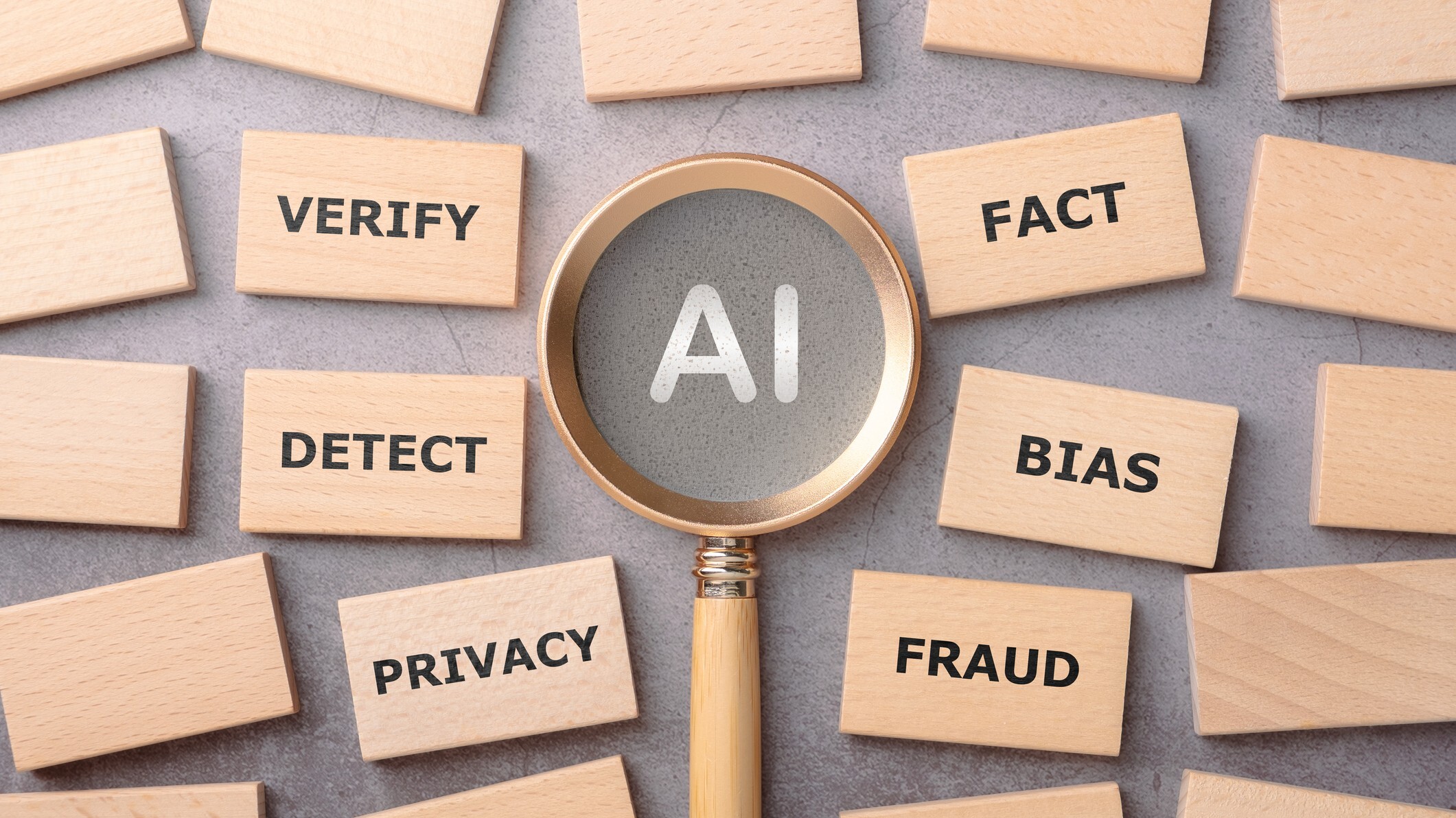 "AI" under magnifying glass, with "Verify", "Fact", "Fraud", and other key words around it