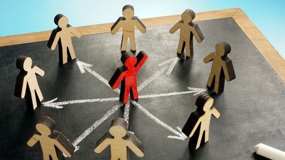 Circle of wooden figures on chalkboard, boss in middle (red) with lines going to each figure