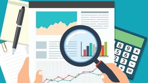 Illustration: Using a magnifying glass over financial documents